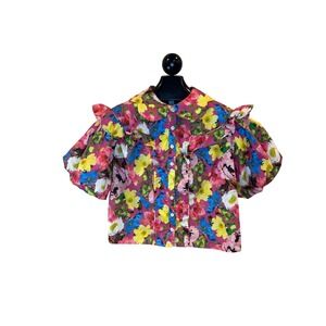 Fate Women's Floral‎ Print Puff Sleeve Collared Button Up Blouse Top Small
